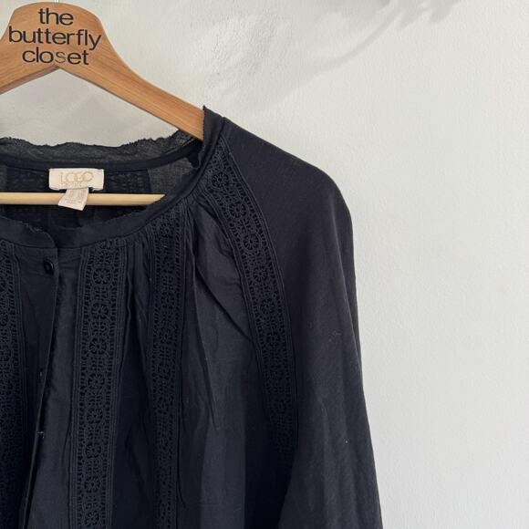 Logo By Lori Goldstein Plus Size Eyelet Lace Hem Black Button Down Blouse 2X - Picture 3 of 5